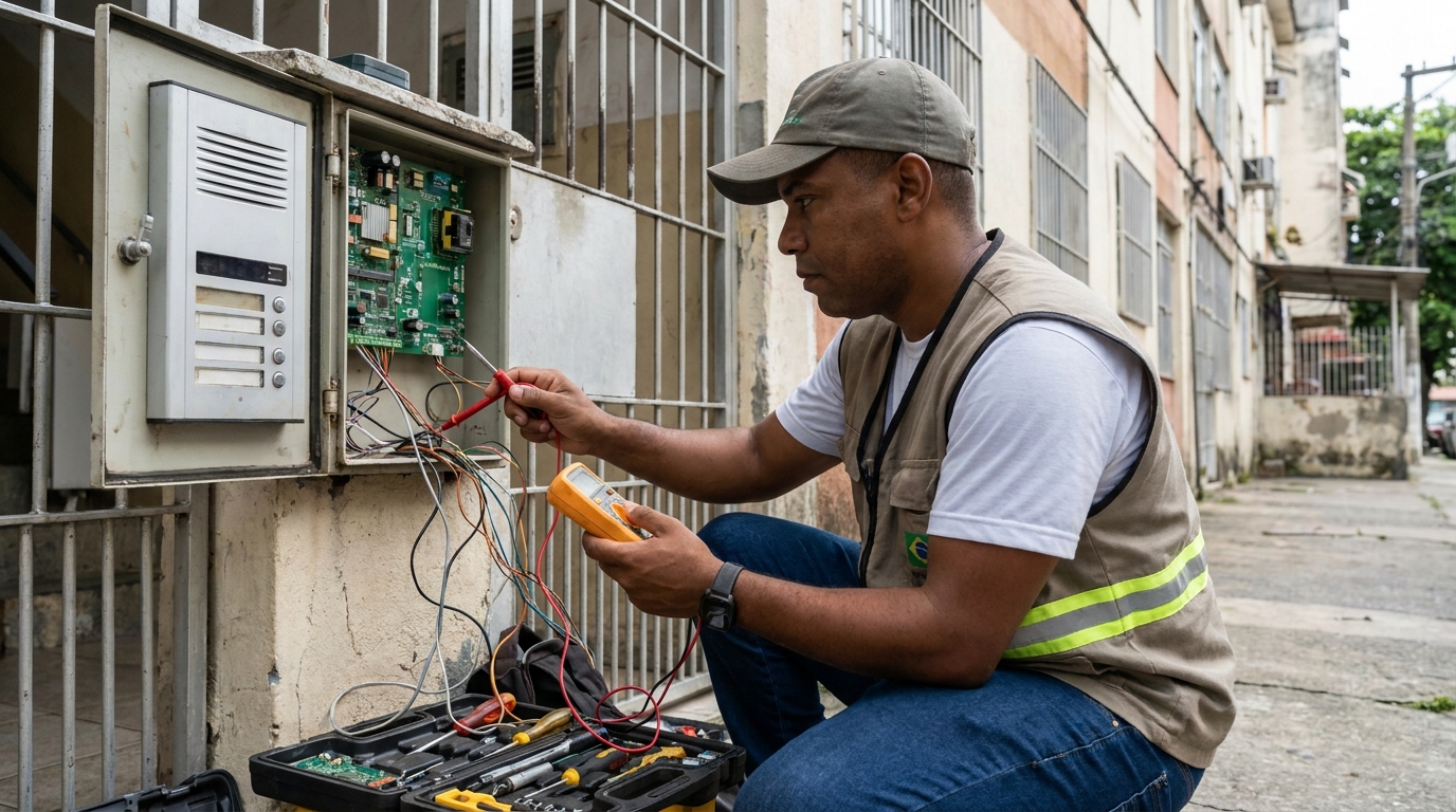 Eletricista consertando interfone em Teresina‑PI