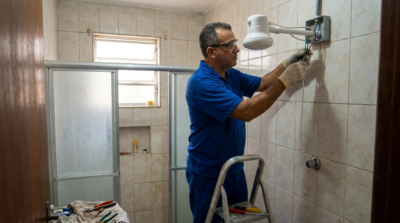 Eletricista instalando chuveiro eletrico em Teresina‑PI