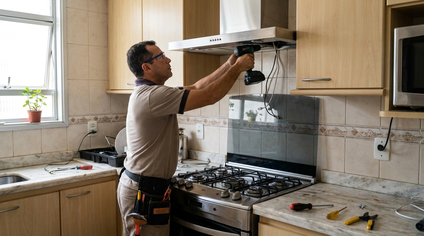 Eletricista instalando coifa em Teresina‑PI