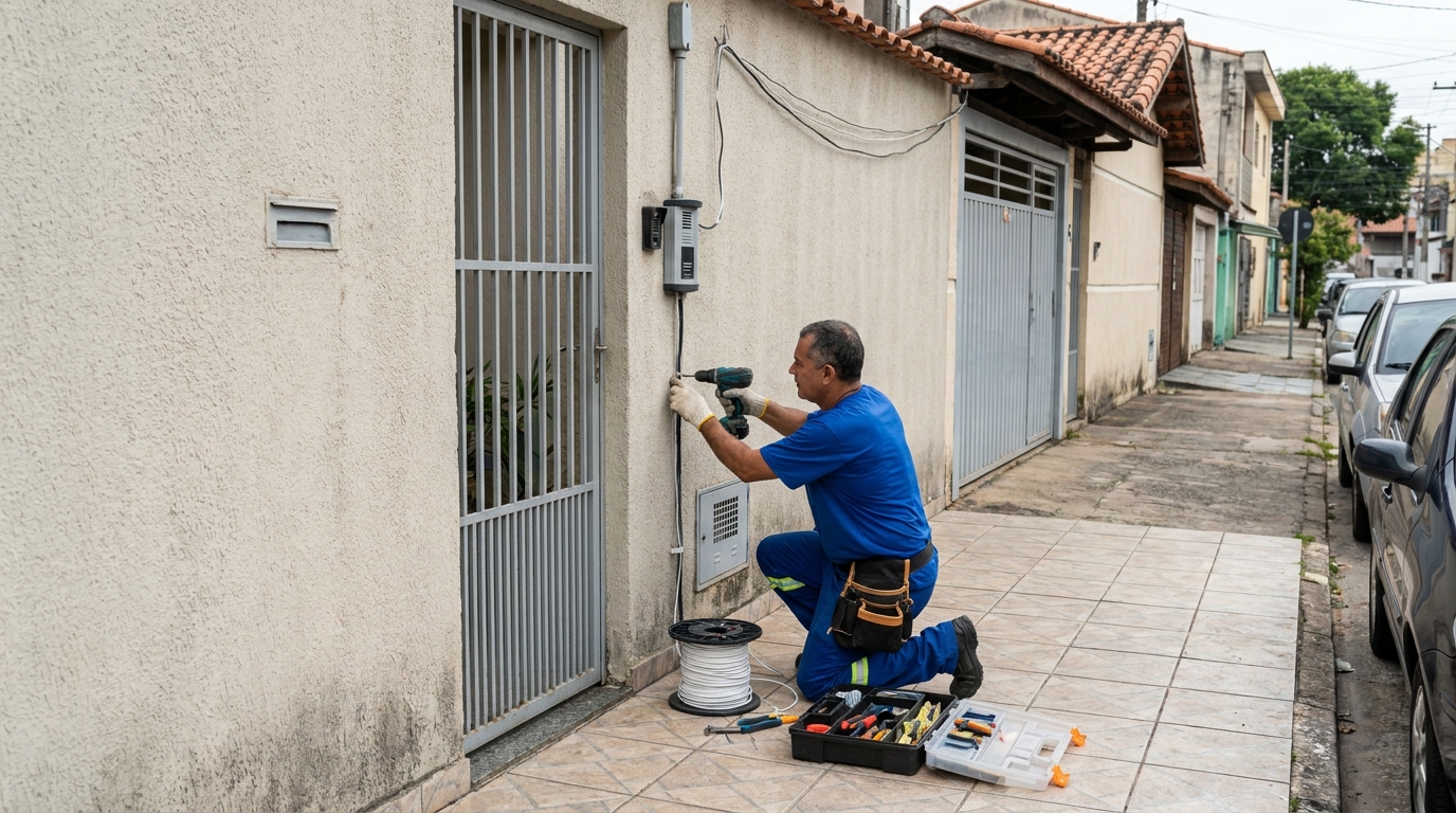 Eletricista instalando interfone em Teresina‑PI