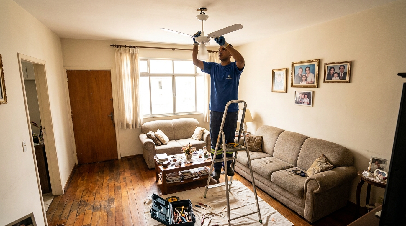 Eletricista instalando ventilador de teto em Teresina‑PI